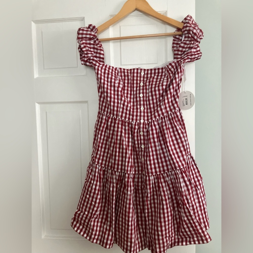 STAUD Red and White Gingham Mini Dress - Picture 2 of 4